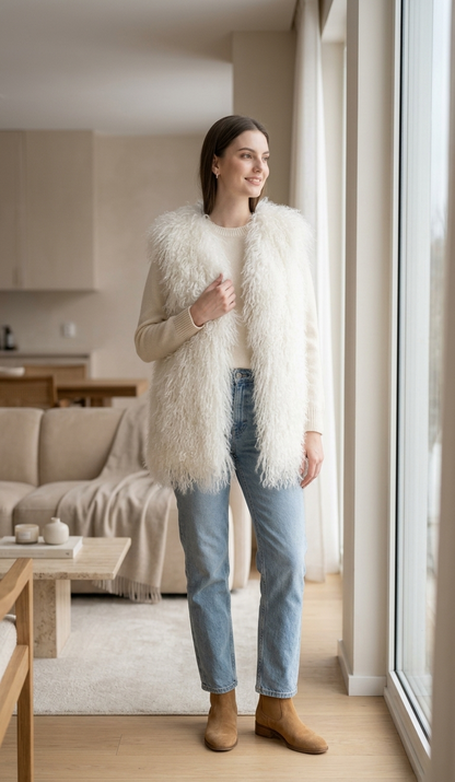 Genuine Natural White Mongolian Lamb Fur Vest – 26 Inch Luxury Curly Fur Vest