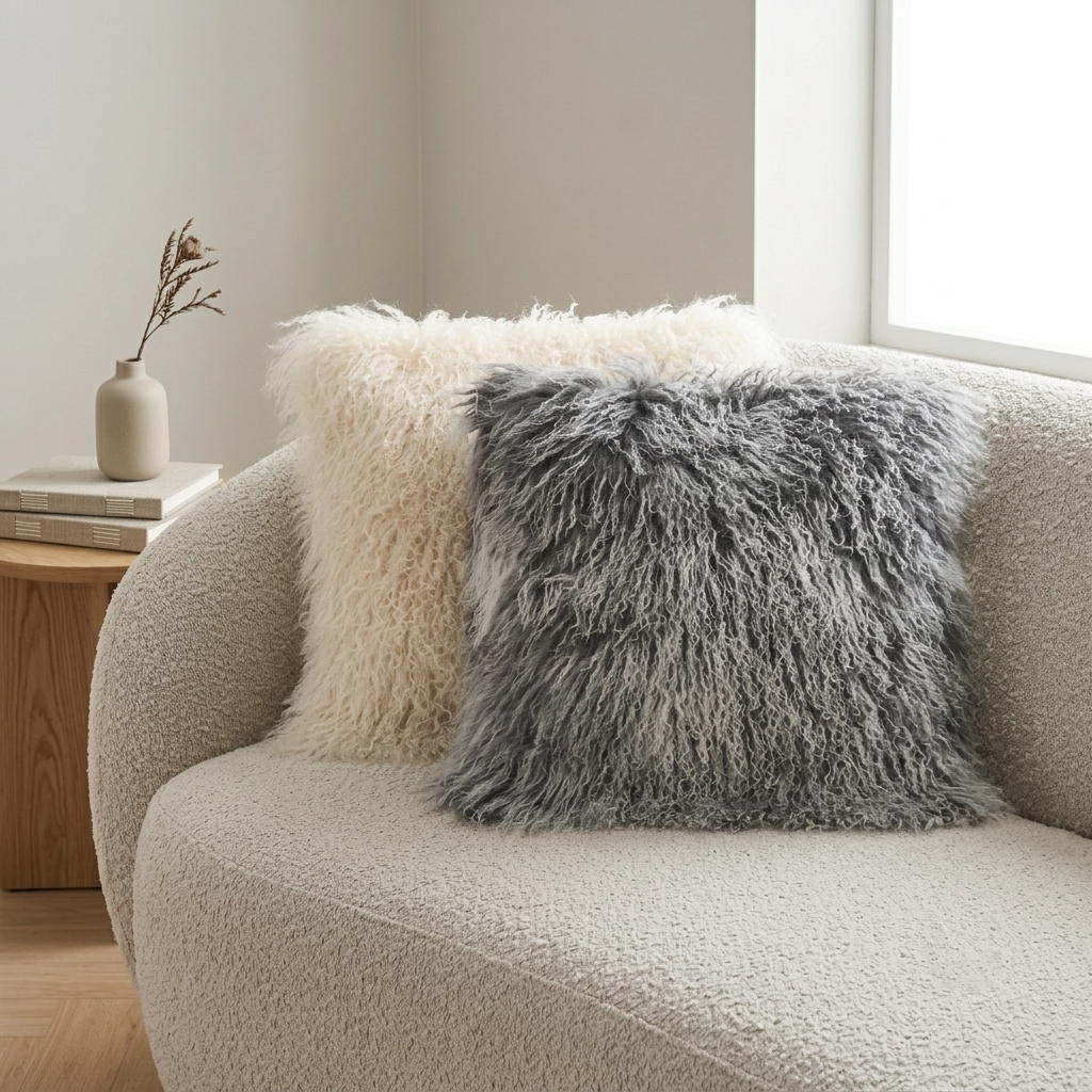 Mongolian Lamb Fur Pillow – Frosted Grey | Soft Luxury Throw Pillow | Multiple Sizes Available