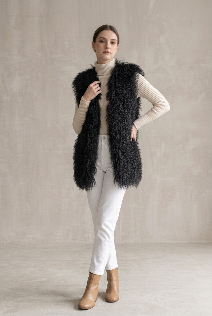 Black Mongolian Lamb Fur Vest – 26 Inch Genuine Curly Lamb Fur Vest