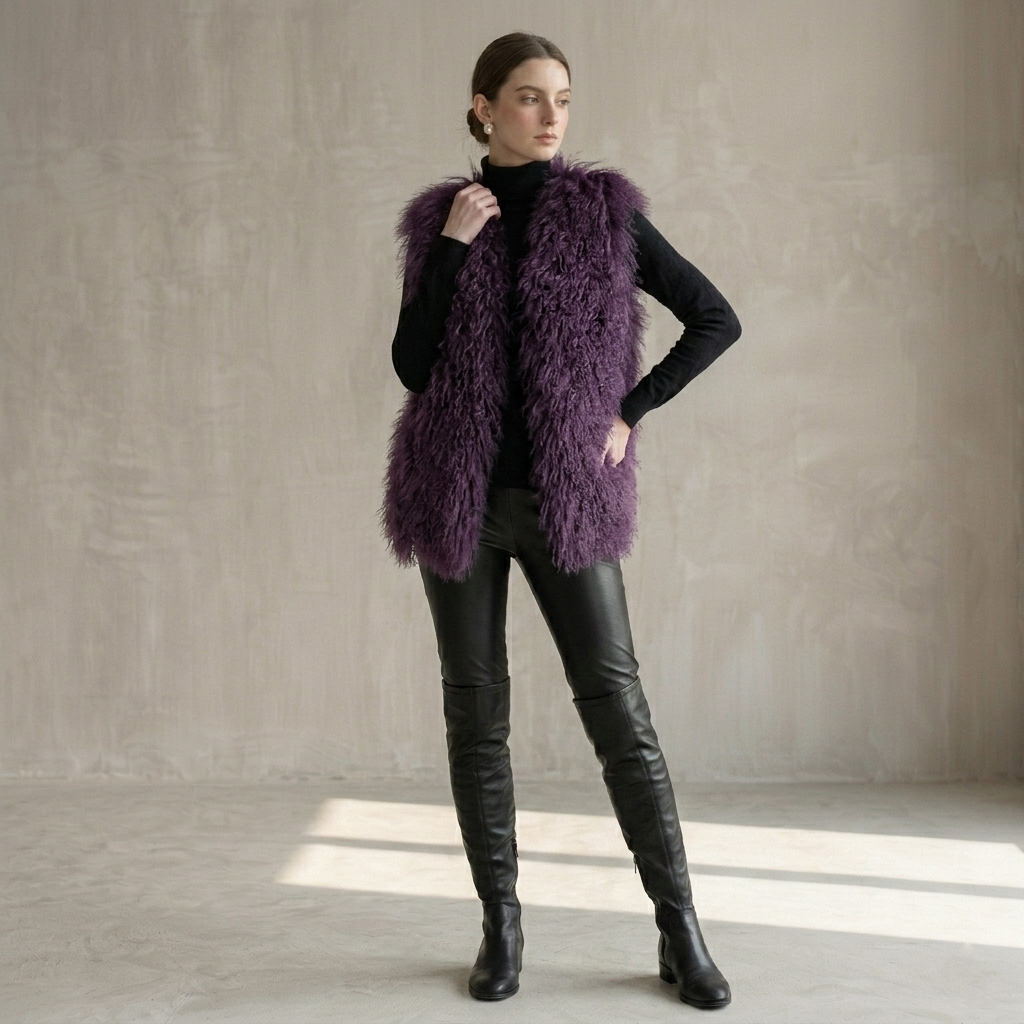 Dusty Plum Mongolian Lamb Fur Vest – 26 Inch Genuine Curly Lamb Fur Vest