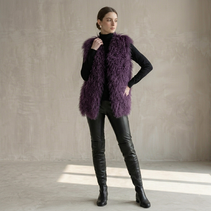 Dusty Plum Mongolian Lamb Fur Vest – 26 Inch Genuine Curly Lamb Fur Vest