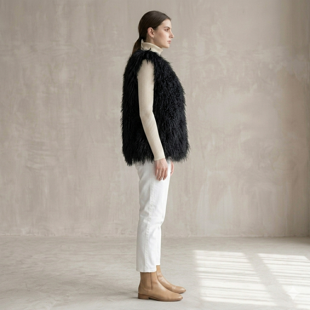Black Mongolian Lamb Fur Vest – 26 Inch Genuine Curly Lamb Fur Vest