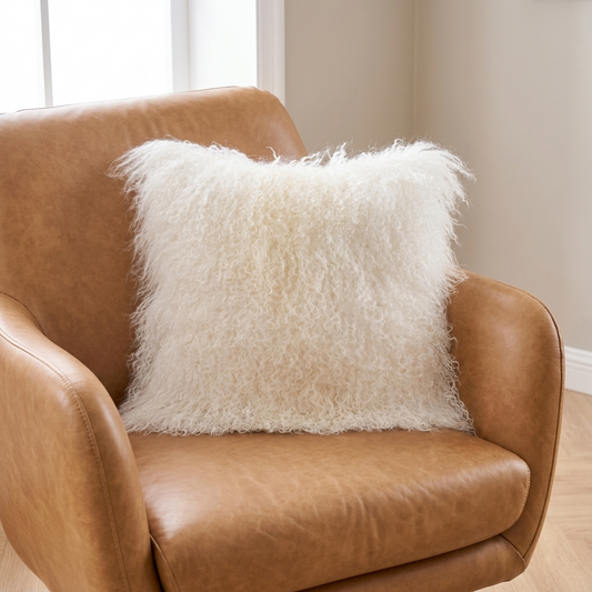 Natural White Mongolian Lamb Fur Pillow | Soft Curly Luxury Accent Pillow
