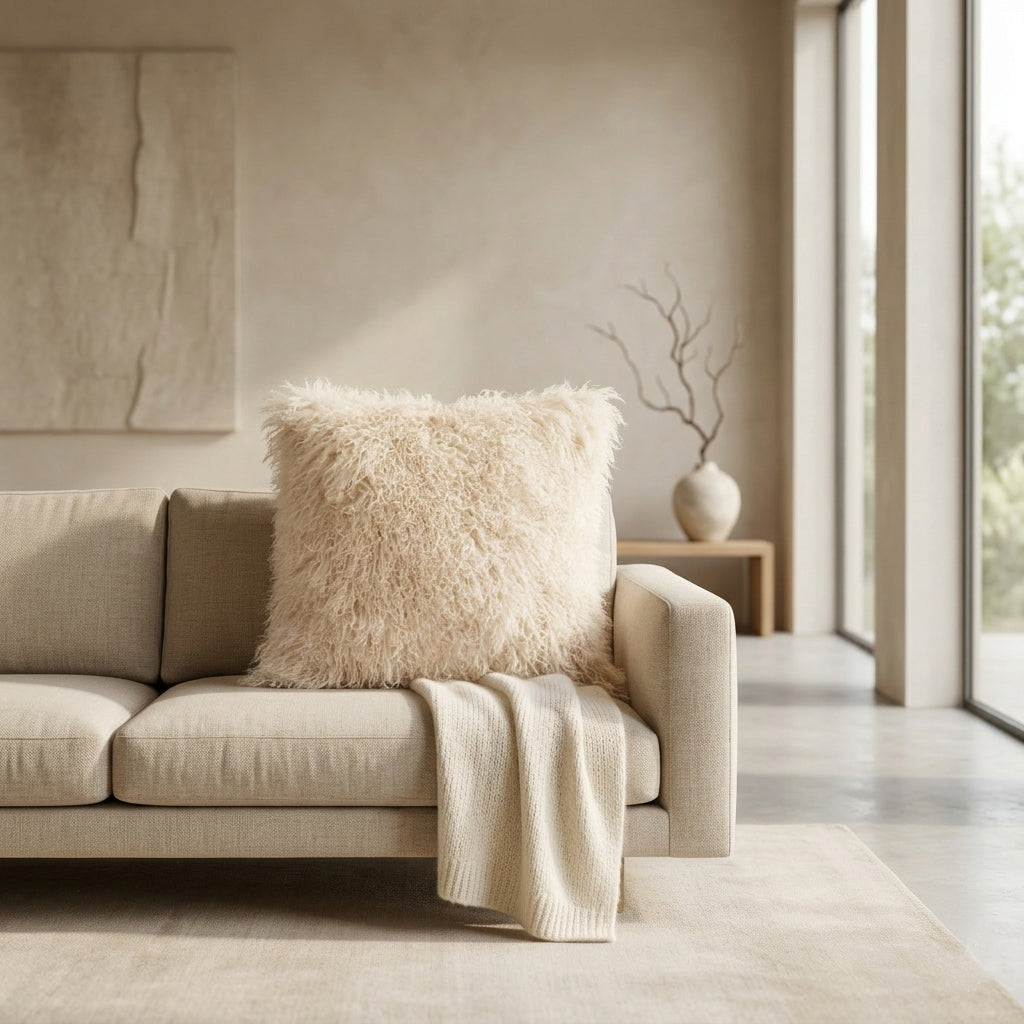 Mongolian Lamb Fur Pillow – Beige| Soft Luxury Throw Pillow | Multiple Sizes Available