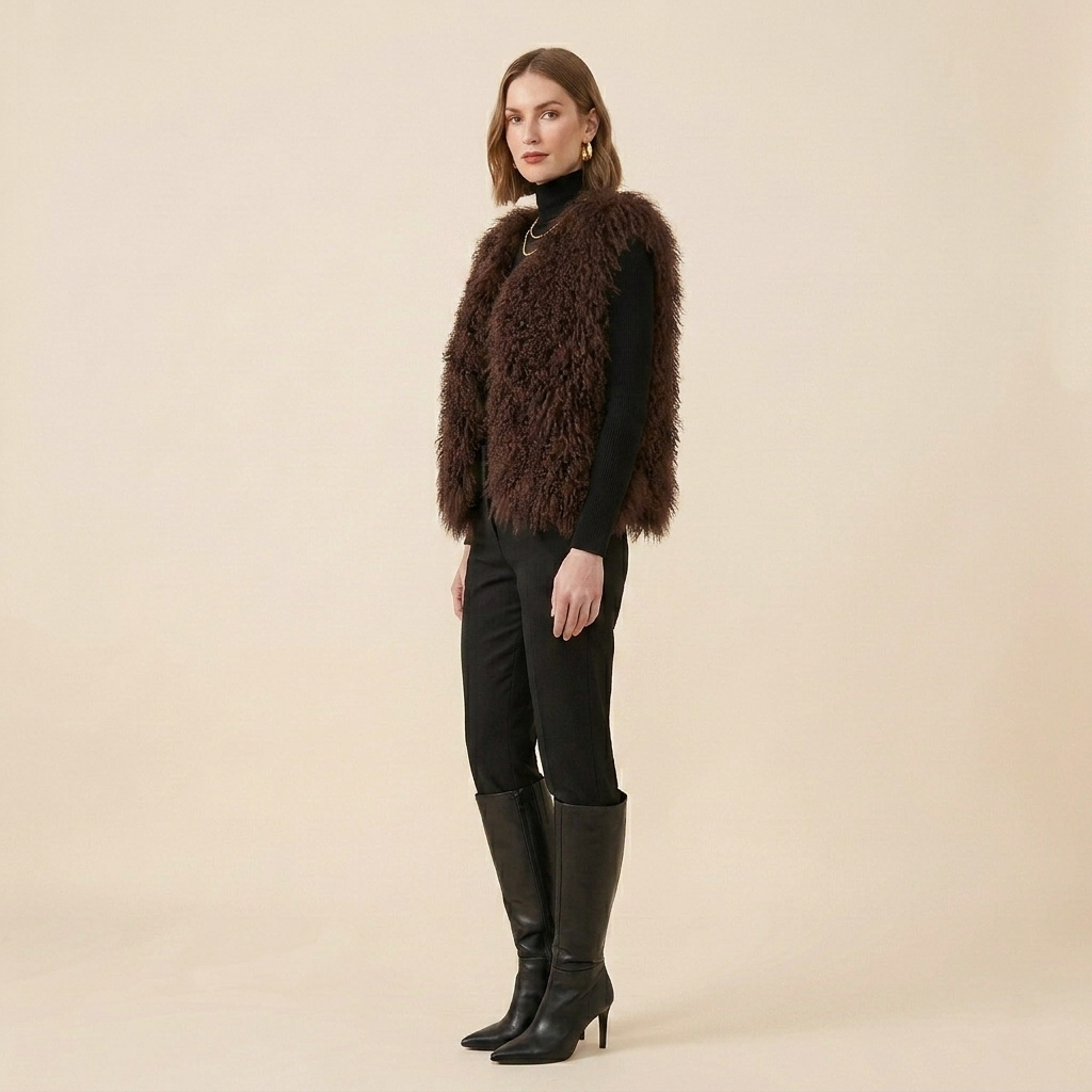 Genuine Chocolate Brown Mongolian Lamb Fur Vest – 21 Inch Luxury Curly Fur Vest