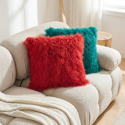 Mongolian Lamb Fur Pillow –Burgundy | Soft Luxury Throw Pillow | Multiple Sizes Available