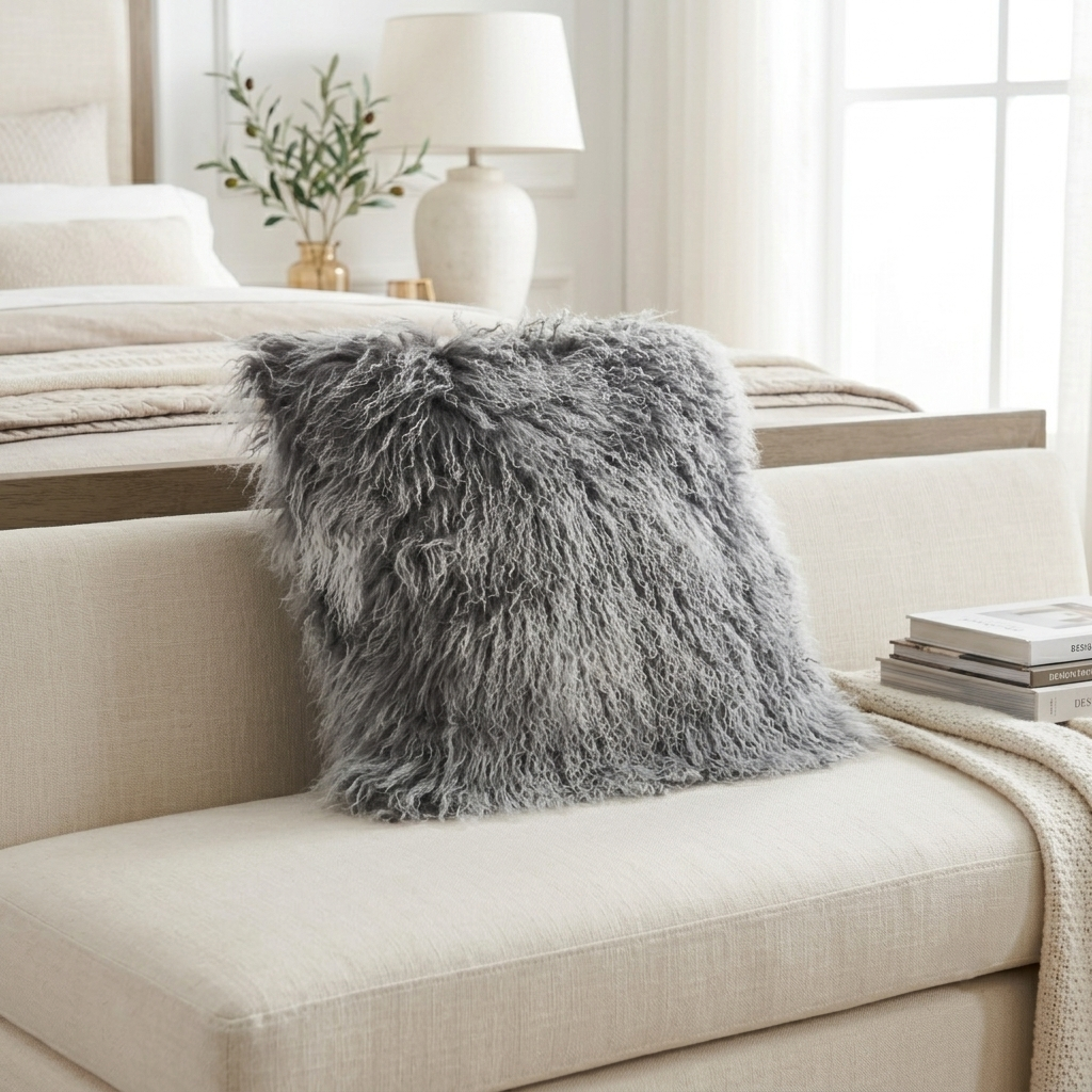 Mongolian Lamb Fur Pillow – Frosted Grey | Soft Luxury Throw Pillow | Multiple Sizes Available