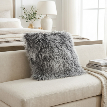 Mongolian Lamb Fur Pillow – Frosted Grey | Soft Luxury Throw Pillow | Multiple Sizes Available