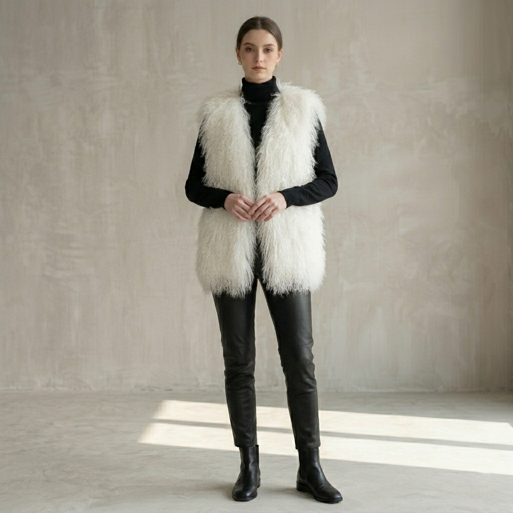 Genuine Natural White Mongolian Lamb Fur Vest – 26 Inch Luxury Curly Fur Vest