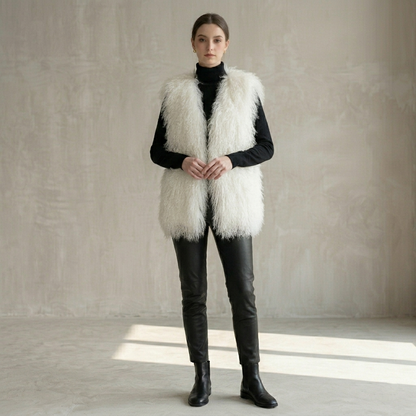 Genuine Natural White Mongolian Lamb Fur Vest – 26 Inch Luxury Curly Fur Vest