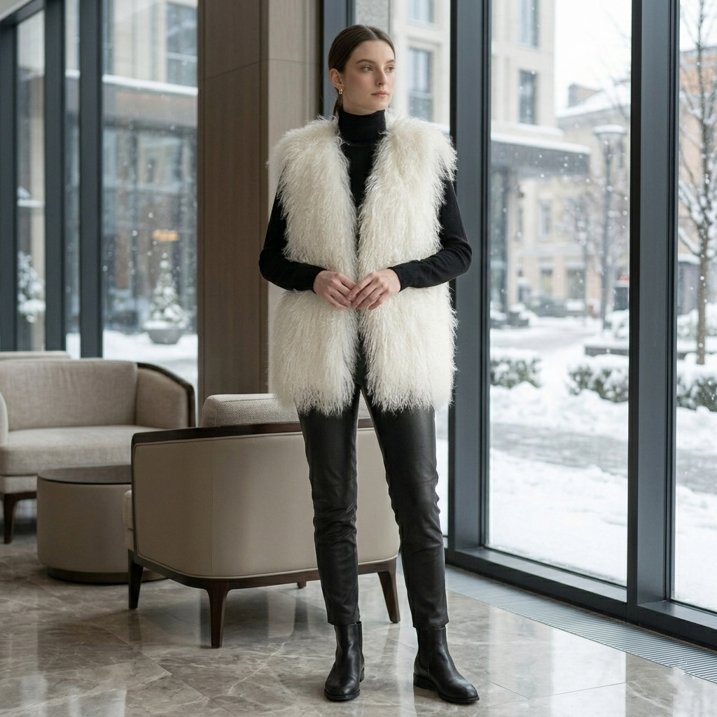 Genuine Natural White Mongolian Lamb Fur Vest – 26 Inch Luxury Curly Fur Vest