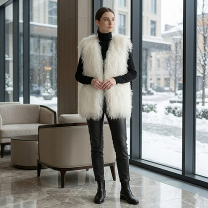 Genuine Natural White Mongolian Lamb Fur Vest – 26 Inch Luxury Curly Fur Vest