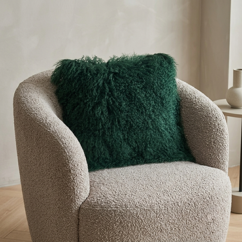Mongolian Lamb Fur Pillow – Vintage Green | Soft Luxury Throw Pillow | Multiple Sizes Available