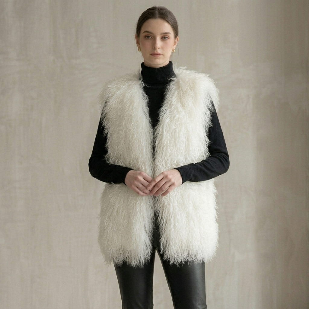 Genuine Natural White Mongolian Lamb Fur Vest – 26 Inch Luxury Curly Fur Vest