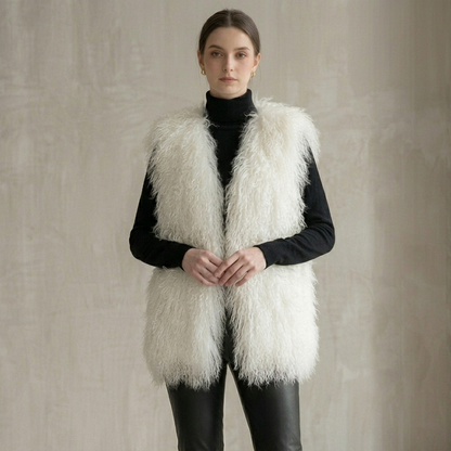 Genuine Natural White Mongolian Lamb Fur Vest – 26 Inch Luxury Curly Fur Vest
