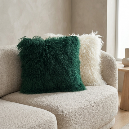 Mongolian Lamb Fur Pillow – Vintage Green | Soft Luxury Throw Pillow | Multiple Sizes Available