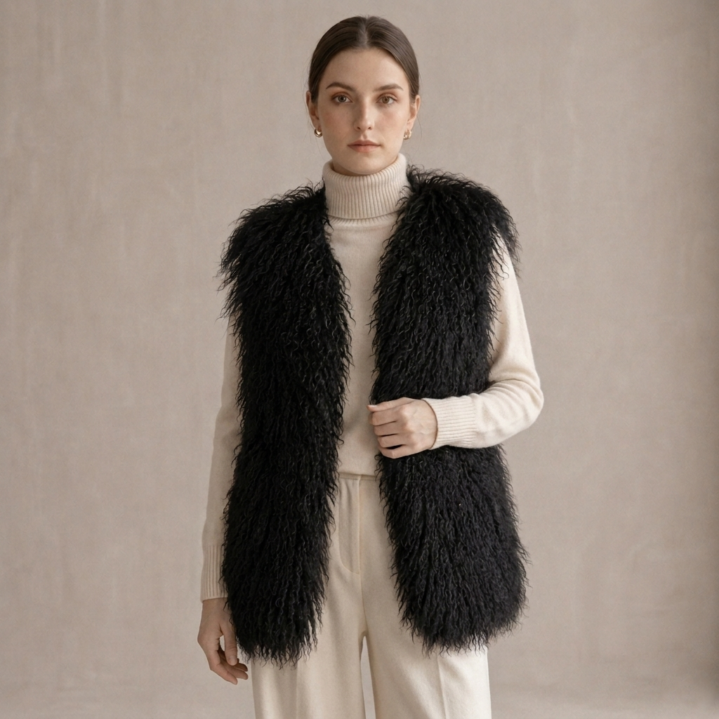 Black Mongolian Lamb Fur Vest – 26 Inch Genuine Curly Lamb Fur Vest