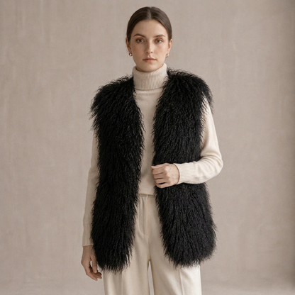 Black Mongolian Lamb Fur Vest – 26 Inch Genuine Curly Lamb Fur Vest