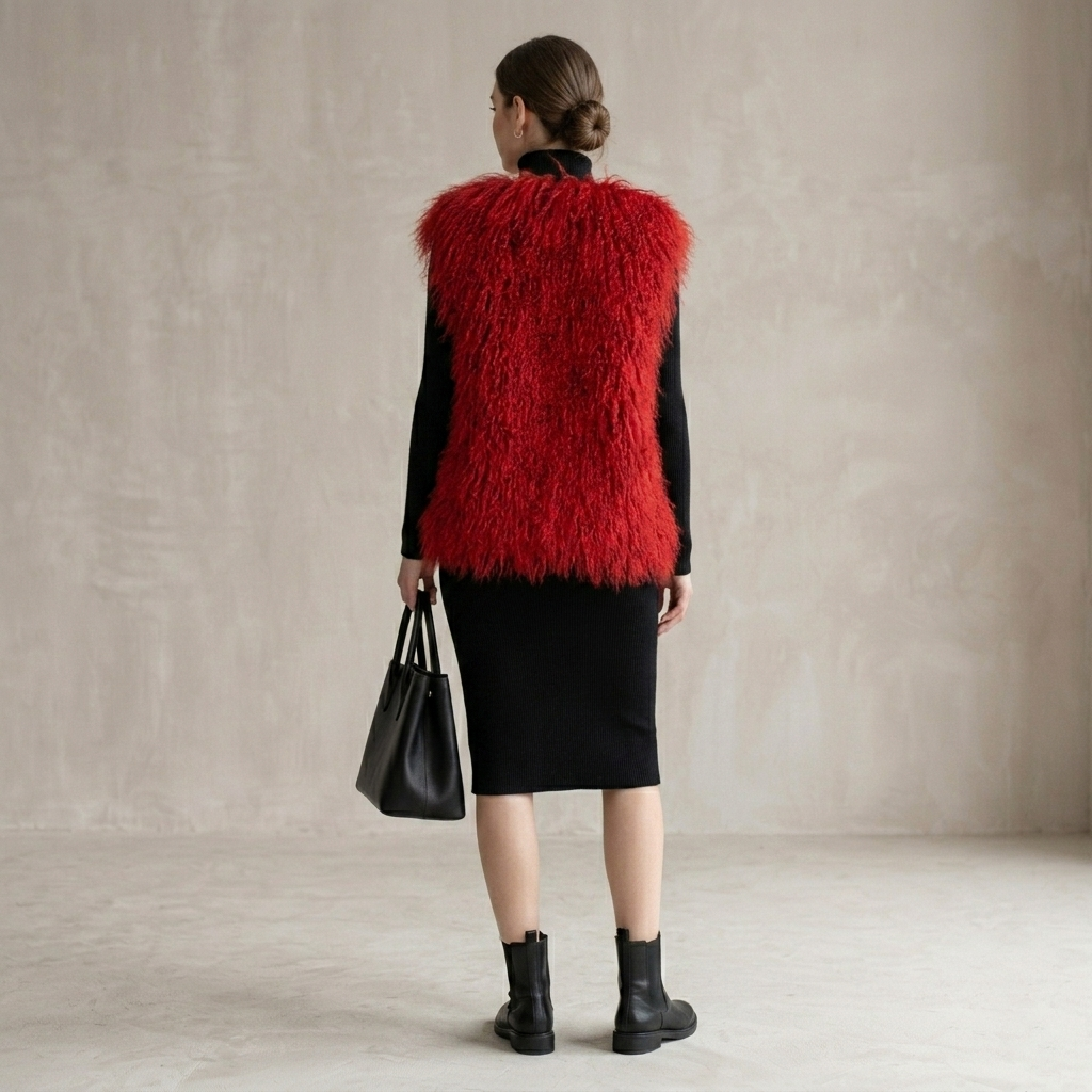 Burgundy Mongolian Lamb Fur Vest – 26 Inch Genuine Curly Lamb Fur Vest