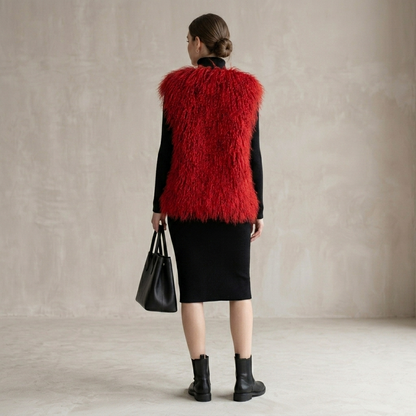 Burgundy Mongolian Lamb Fur Vest – 26 Inch Genuine Curly Lamb Fur Vest