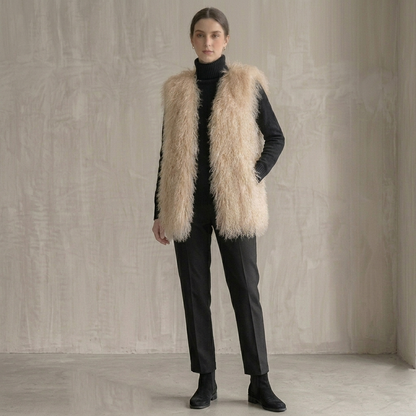 Genuine Champagne Cream Mongolian Lamb Fur Vest – 26 Inch Luxury Curly Fur Vest