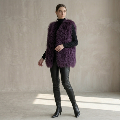 Dusty Plum Mongolian Lamb Fur Vest – 26 Inch Genuine Curly Lamb Fur Vest