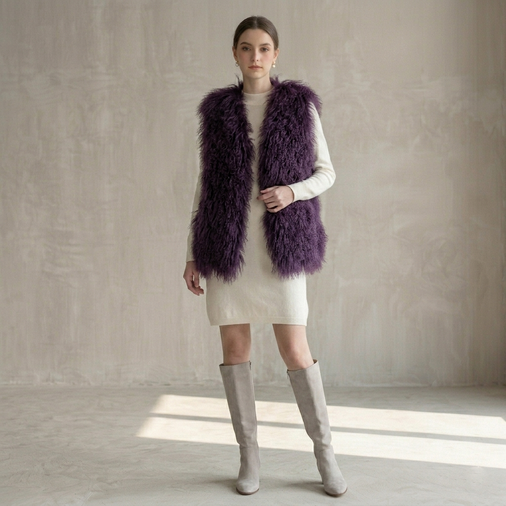 Dusty Plum Mongolian Lamb Fur Vest – 26 Inch Genuine Curly Lamb Fur Vest
