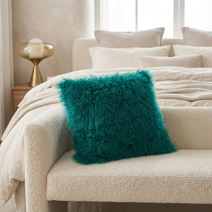 Mongolian Lamb Fur Pillow – Teal | Soft Luxury Throw Pillow | Multiple Sizes Available