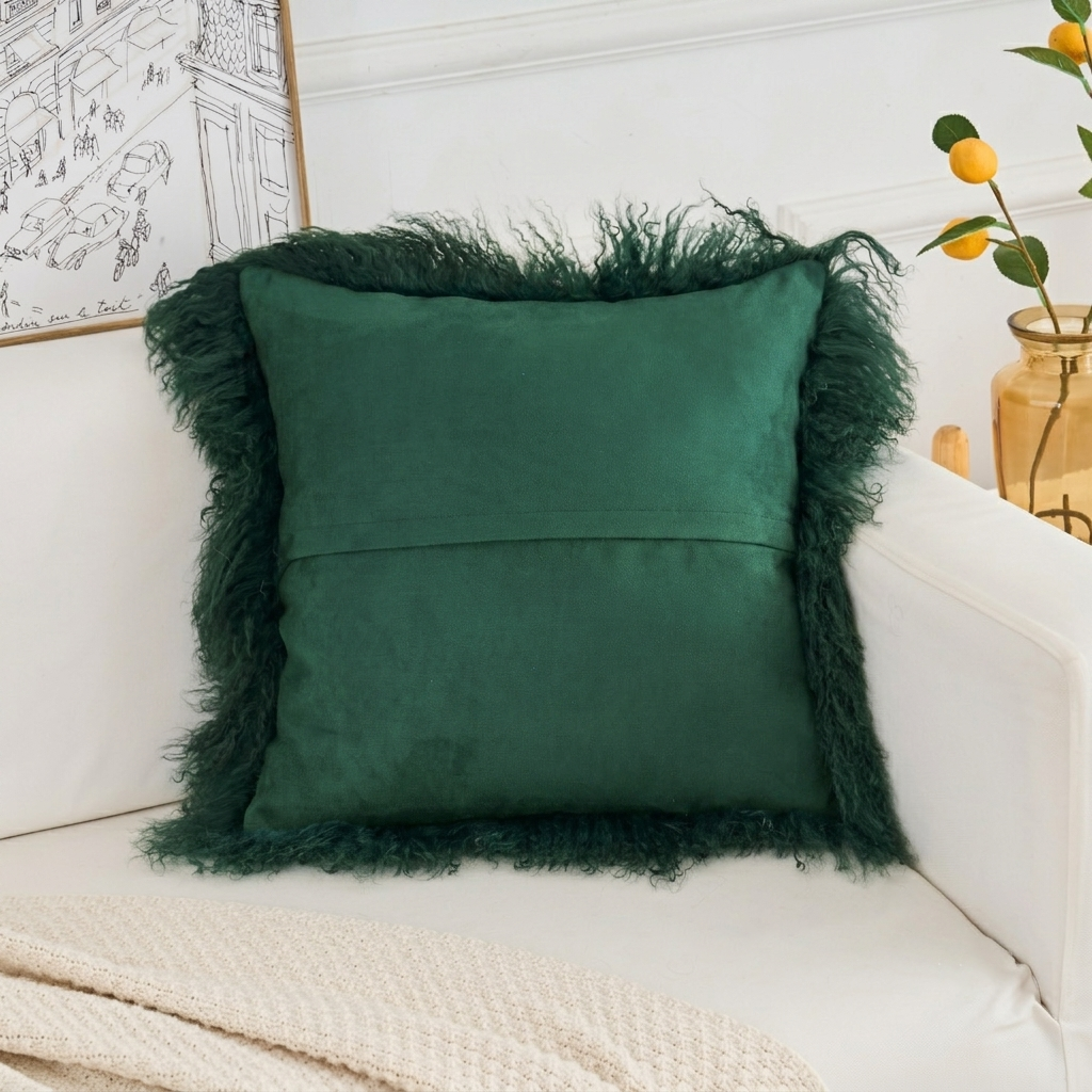 Mongolian Lamb Fur Pillow – Vintage Green | Soft Luxury Throw Pillow | Multiple Sizes Available