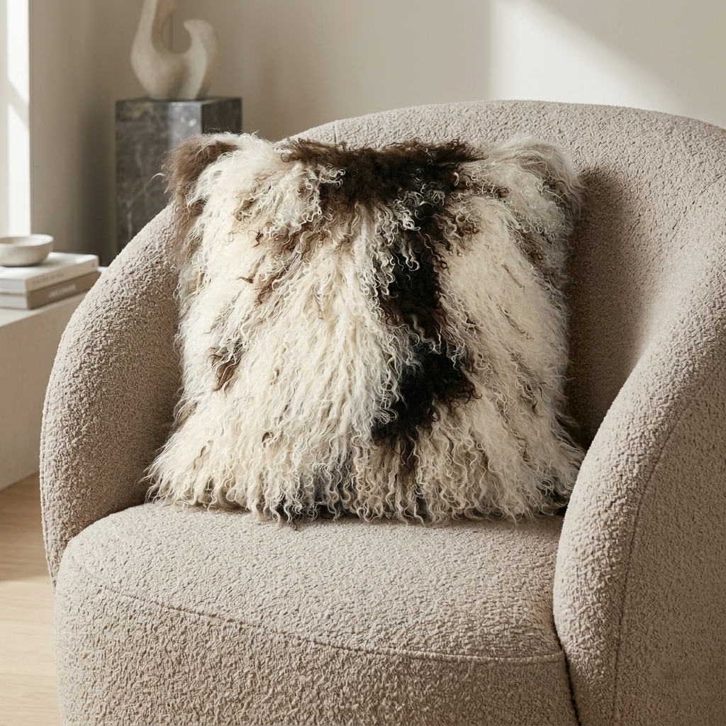 Housse de Coussin en Fourrure d'Agneau Tibétaine/Mongole Kaki 