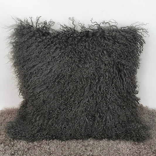 Housse de coussin en fourrure d'agneau tibétaine/mongole charbon de bois 