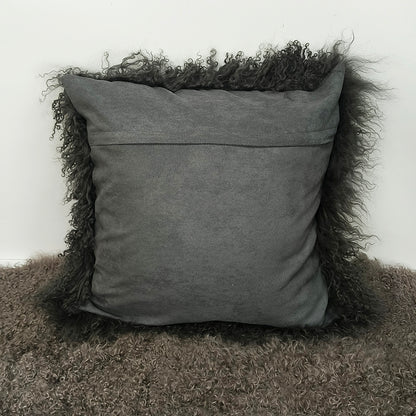 Housse de coussin en fourrure d'agneau tibétaine/mongole charbon de bois 