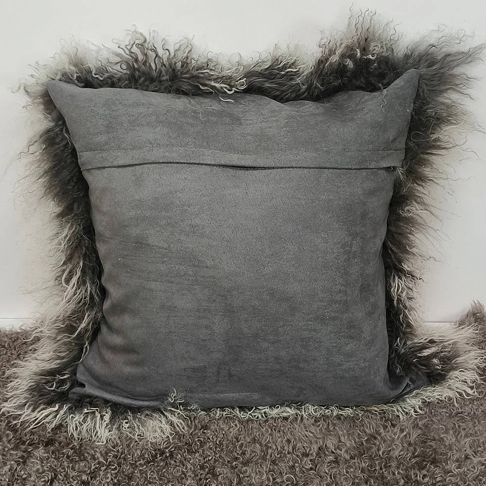 Housse de coussin en fourrure d'agneau tibétaine/mongole gris givré 