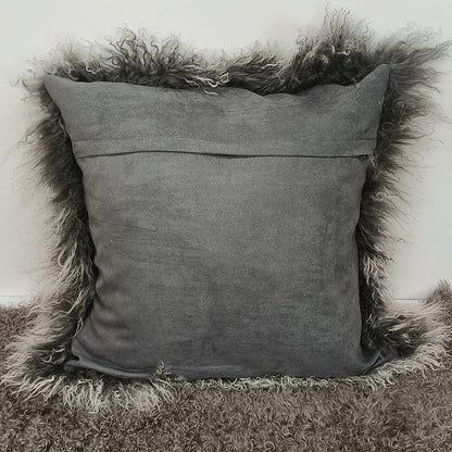 Housse de coussin en fourrure d'agneau tibétaine/mongole gris givré 