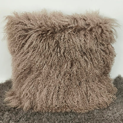 Kissenbezug aus tibetischem/mongolischem Lammfell, Khaki 