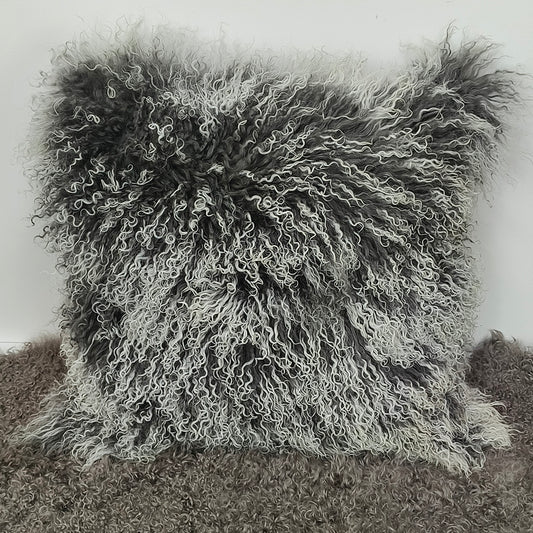 Housse de coussin en fourrure d'agneau tibétaine/mongole gris givré 