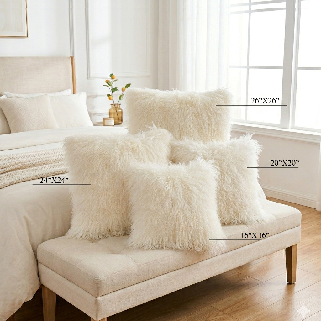 Natural White Mongolian Lamb Fur Pillow | Soft Curly Luxury Accent Pillow