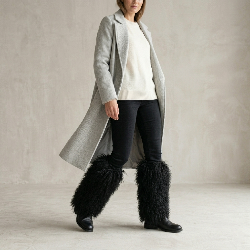 Detailed close-up of white Mongolian lamb fur boot covers highlighting luxurious soft curly lamb fur texture.