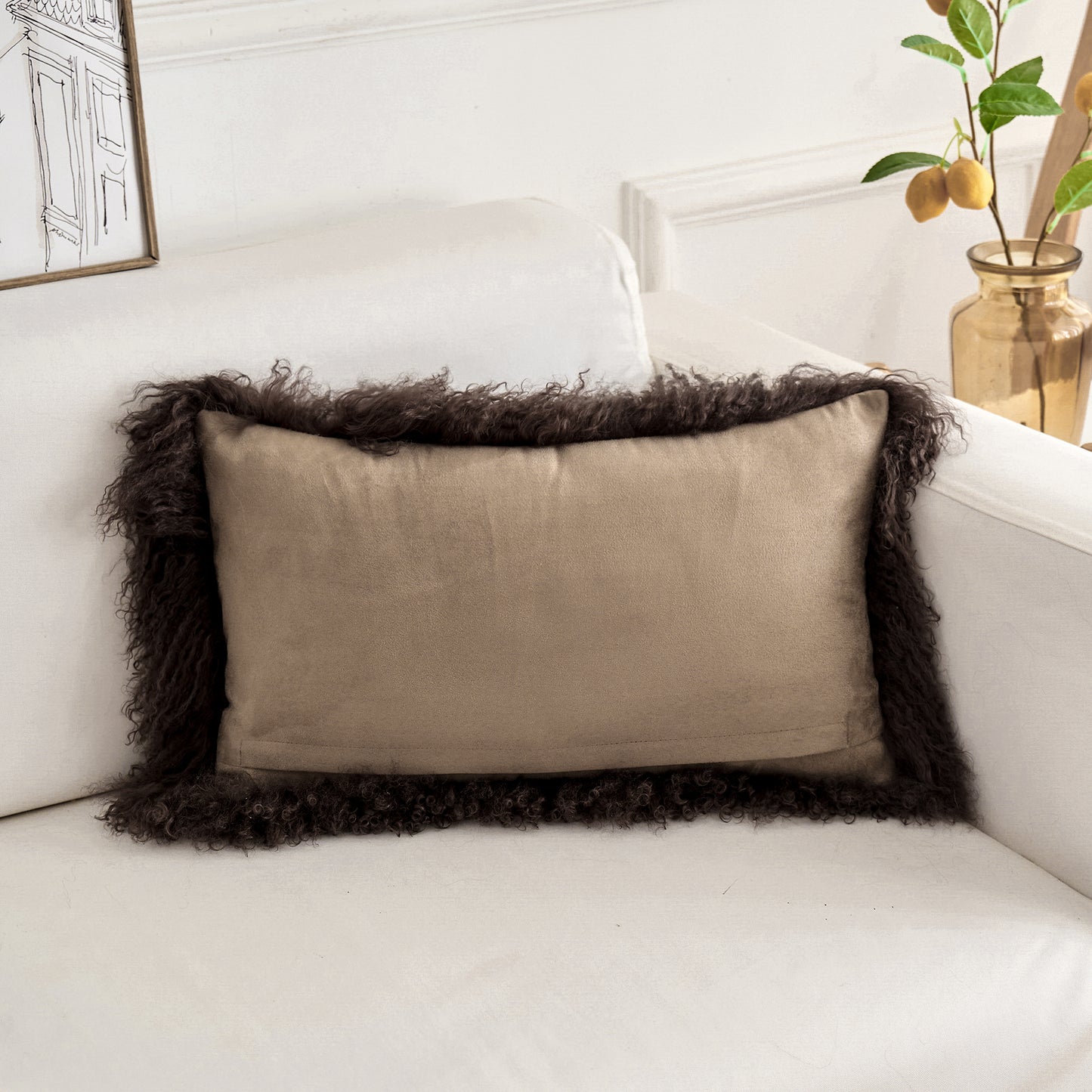 Chocolate Brown fur pillow showing the soft suede backing and craftsmanship
