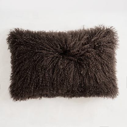 Chocolate Brown Mongolian lamb fur pillow on a white background