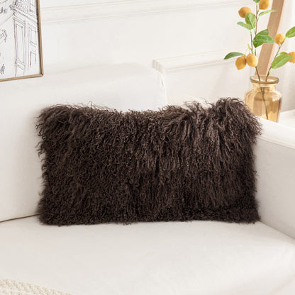 Chocolate Brown sheepskin fur pillow on a modern living room chair