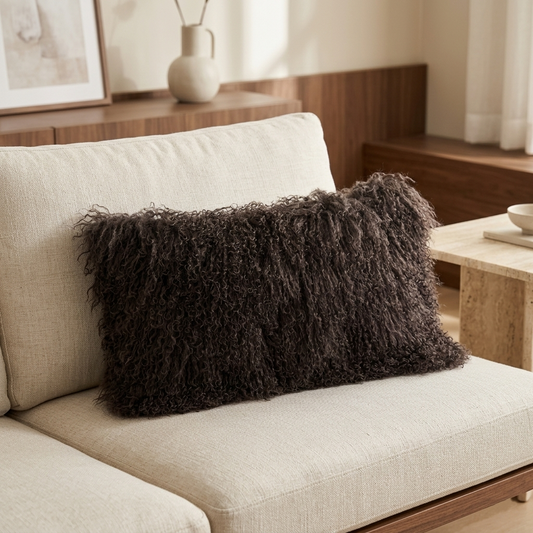 Chocolate Brown sheepskin fur pillow on a modern living room chair
