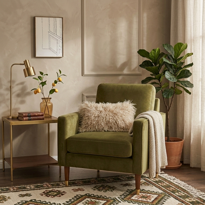Dark beige fuzzy fur pillow in an organic modern interior with a lounge chair