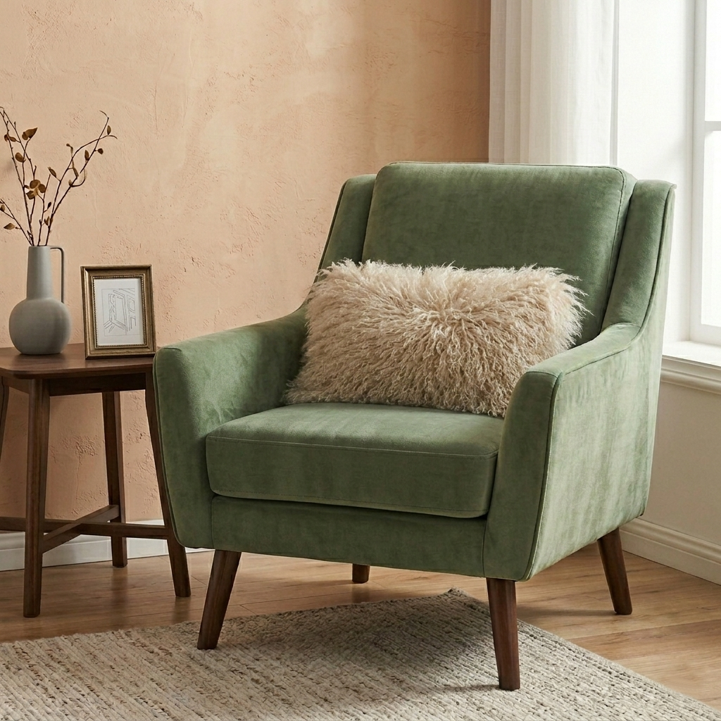 Dark beige Mongolian lamb fur accent pillow on a single sofa chair