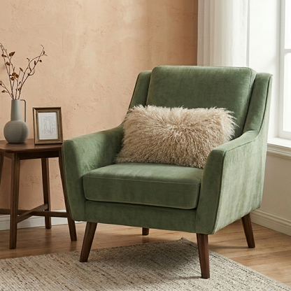 Dark beige Mongolian lamb fur accent pillow on a single sofa chair