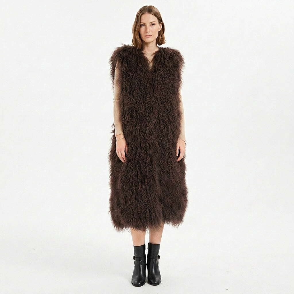 Extra Long 43" Mongolian Lamb Fur Vest | Luxury Full Length Statement Outerwear