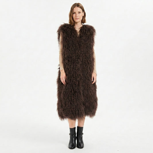 Extra Long 43" Mongolian Lamb Fur Vest | Luxury Full Length Statement Outerwear