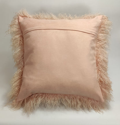 Housse de coussin en fourrure d'agneau tibétaine/mongole rose poussiéreux 