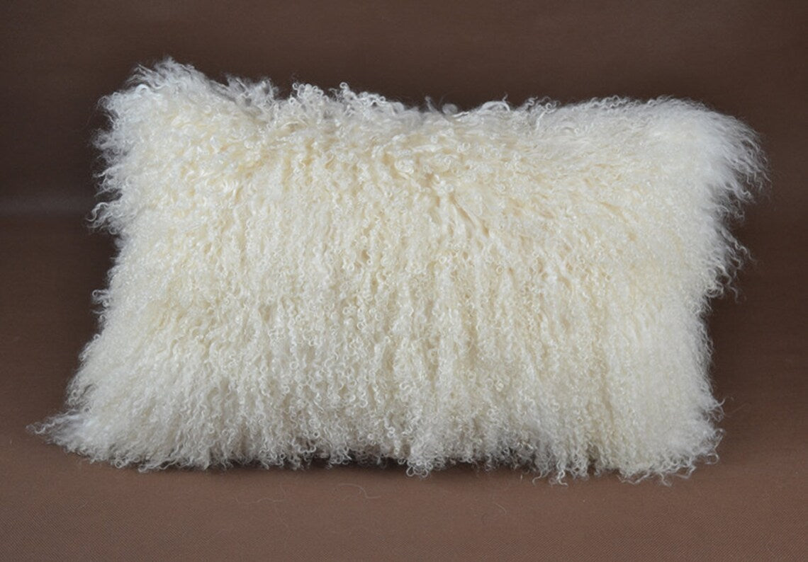 Housse de coussin en fourrure d'agneau tibétain/mongol Beige 