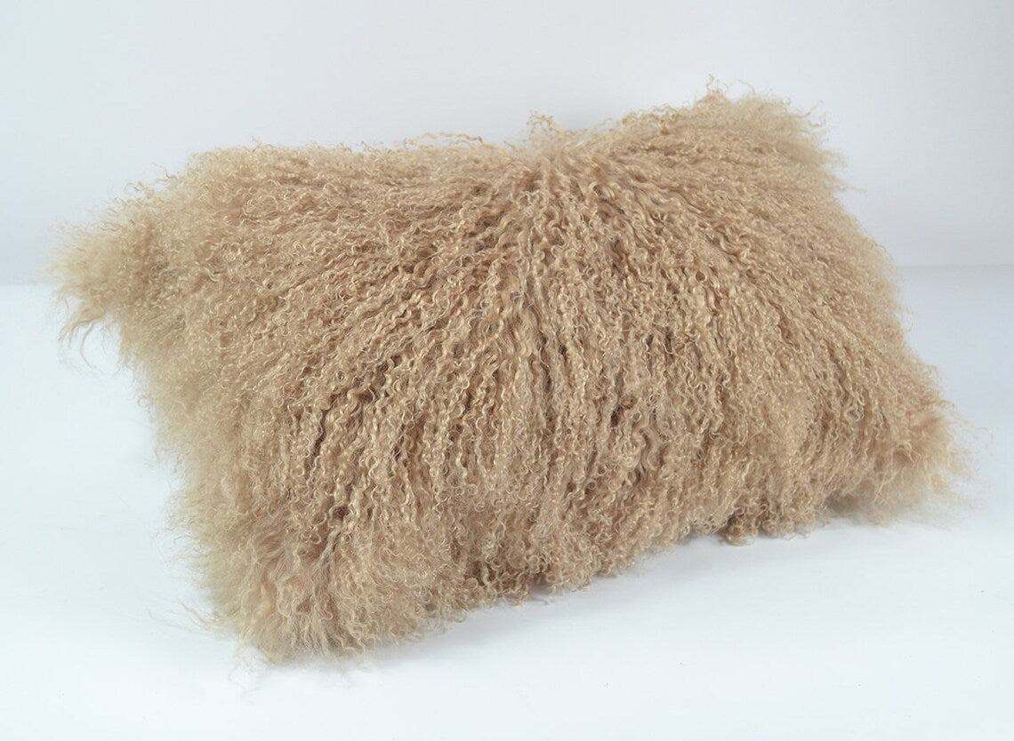 Housse de coussin en fourrure d'agneau tibétaine/mongole Beige foncé 